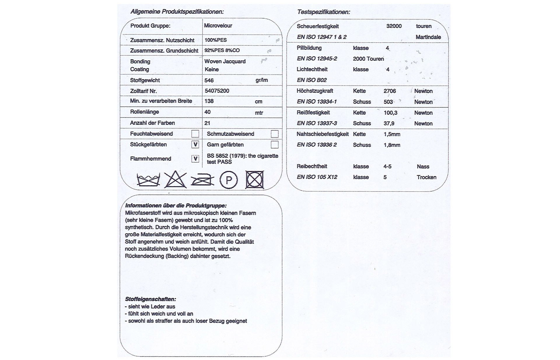 Microfaser Spezifikationen